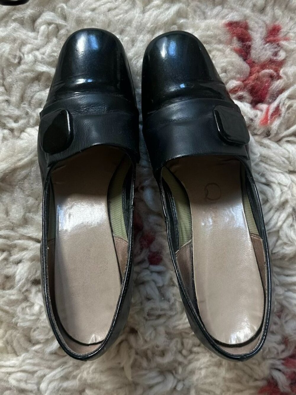 Vtg Queen Quality Black Patent Wide Strap Button Loafers 2" Heels 1960s 6.5 Mod
